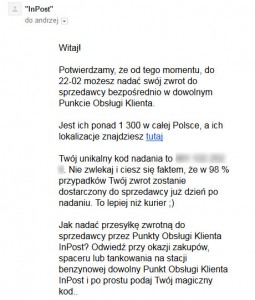 Mail informujący o możliwościach zwrotu.